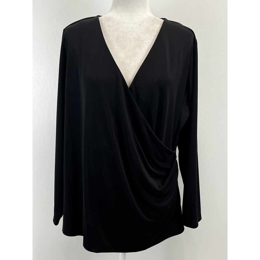 NEW! Talbots Black Faux Wrap Top Shirt Womens 2XP Plus Petite Long Sleeve Jersey